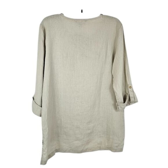 Ellen Tracy Linen High Low Tunic M Beige Lace-Up Relaxed Beachy Coastal Grandma - Picture 2 of 9